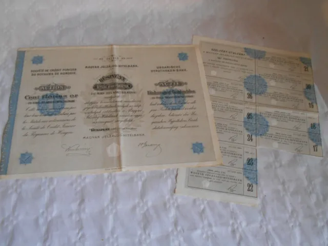 Vintage share certificate Stock Bond Hungary Jelzalog hitelbank budapesten 1901