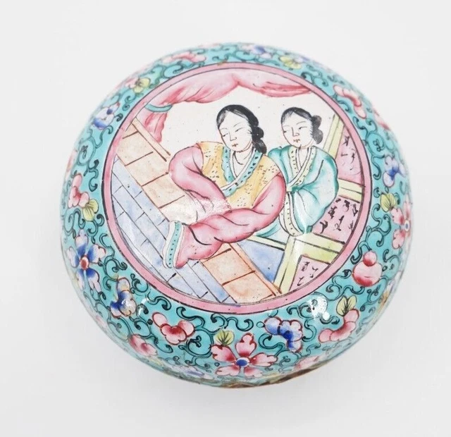 Authenticated 19th Century Chinese Canton Enameled Round Box 3 3/4 Inch Diameter