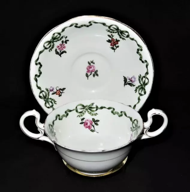 Antique Aynsley Bone China, Pink Roses, Green Ribbon Cream Soup Bowl & Liner Set