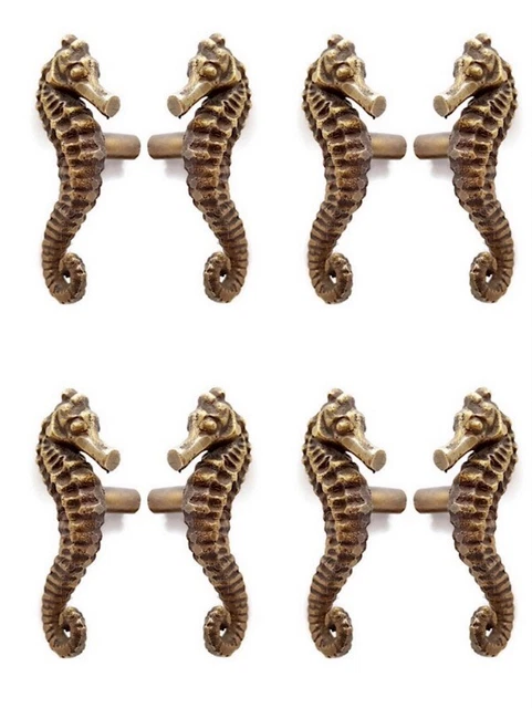 8 small SEAHORSE solid BRASS heavy KNOBS TROPICAL old style 7.5 cm L & R B