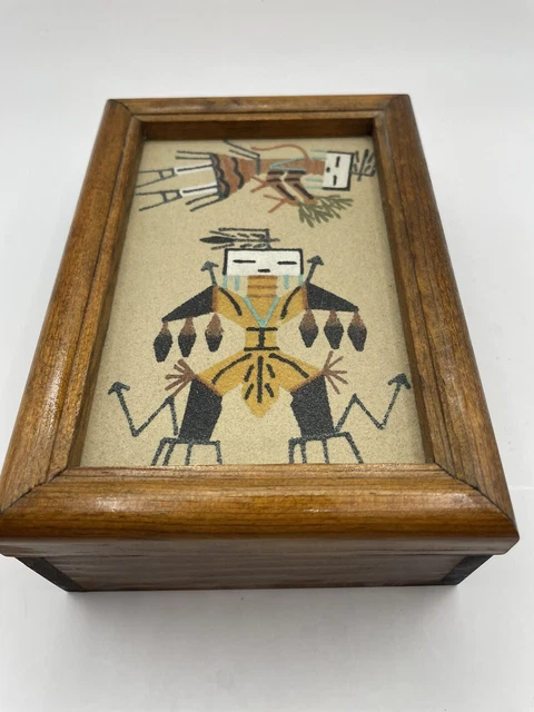 Native American Thunderbird Sand Painting Oak Wood Trinket Jewelry Box