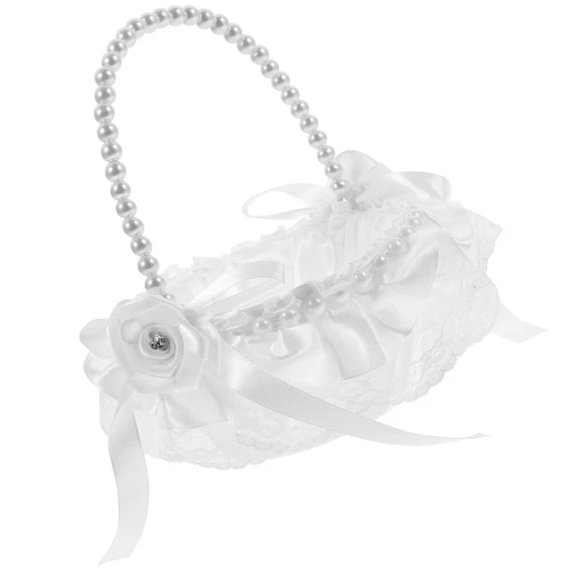 Cesto Portafiori Vintage Per Damigella - Bianco Con Pizzo E Manici In Tessuto, 20x20 Cm, Per Matrimonio E Cerimonie