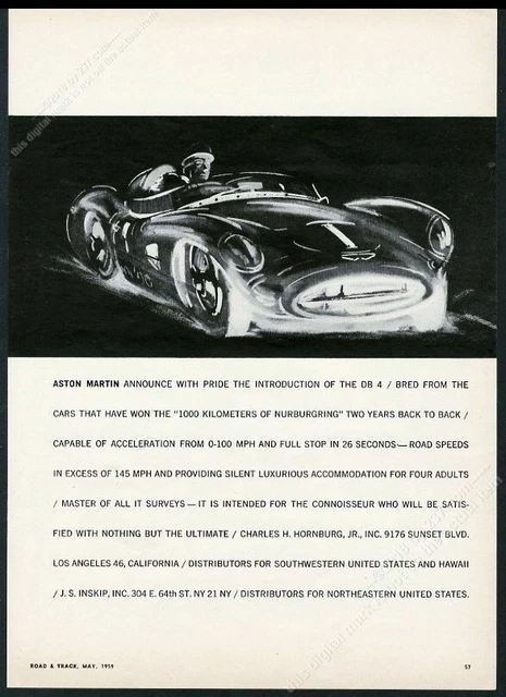 1959 Aston Martin race car illustrated vintage print ad