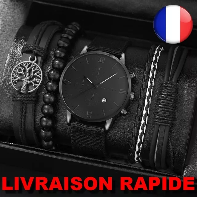 Montre  + 3 Bracelets Cuir Homme Ensemble Quartz Noir LUXE Cadeau Bijoux Heure