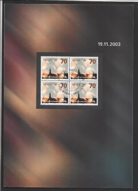 r080 SCHWEIZ/ Tag der Briefmarke 2003 MiNr 1859 o Viererblock auf Anlasskarte