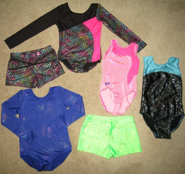 Gymnastics Dance outfits 4 Leotards & 2 shorts size youth M medium GK & Capezio