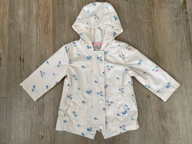 Baby Girls F&F Rain Coat Cream with a Pretty Bird Print 3-6 Months Hooded Jacket