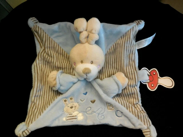 doudou plat lapin bleu brodé ABC coeur rayé NICOTOY SIMBA TOYS
