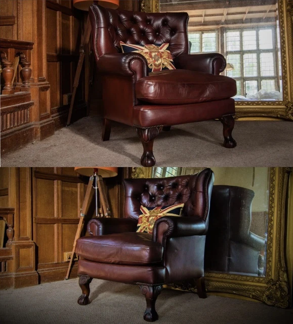 PAIR of TETRAD BLAKE CAMPION ANTIQUE CHESTNUT TAN CHESTERFIELD LEATHER ARMCHAIRS