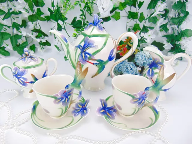 Franz Porcelain Hummingbird Tea Set for Two - 7 Piece Inc. Teapot, Milk Jug etc.