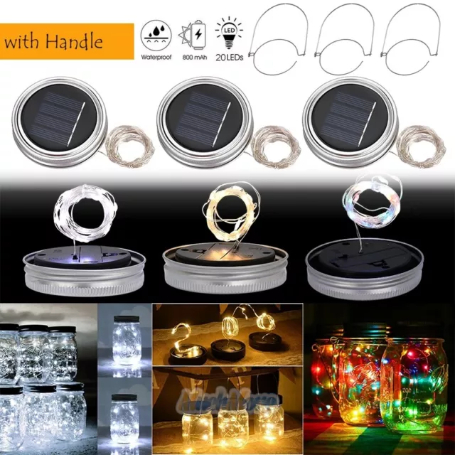 3 Pack Solar Mason Jar Lid Insert 20 LED String Fairy Lights & Hanger Waterproof