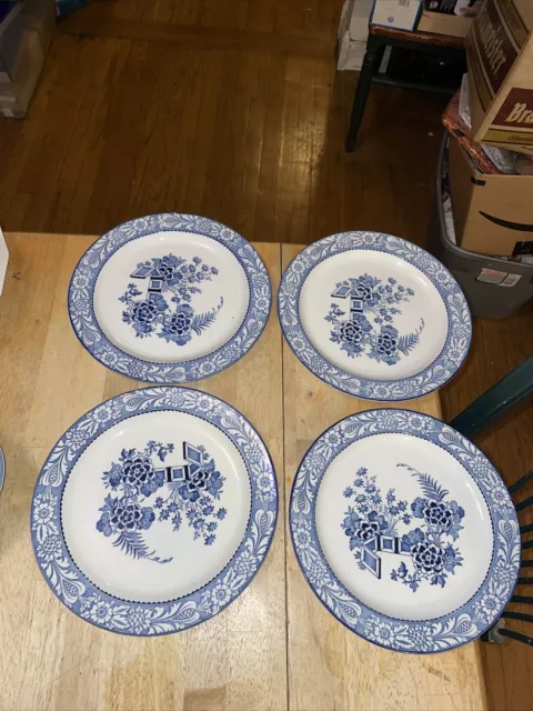 Set of 4 Wood & Sons Woods Ware Wincanton Blue Dinner Plates 10"