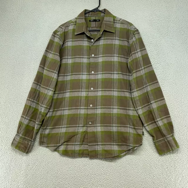 John Varvatos Flannel Shirt Mens Large Long Sleeve Plaid Green Brown Star USA