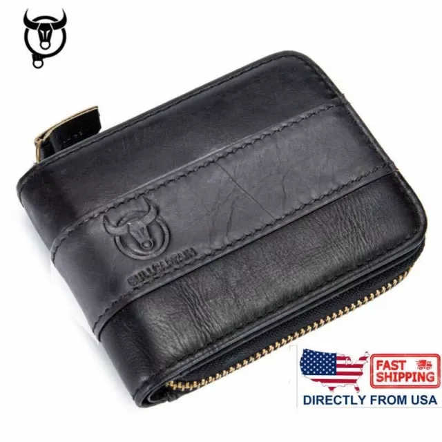 RFID BULLCAPTAIN Mens Real Leather Zipper Around Card Slots Coin Wallet Purse US