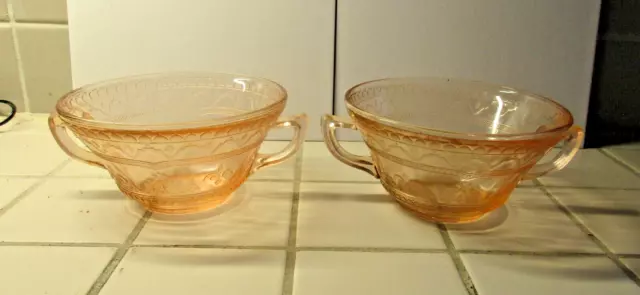 Pair Federal Glass Patrician Pink ~ Spoke ~ Depression Glass  Cream Soup bowls