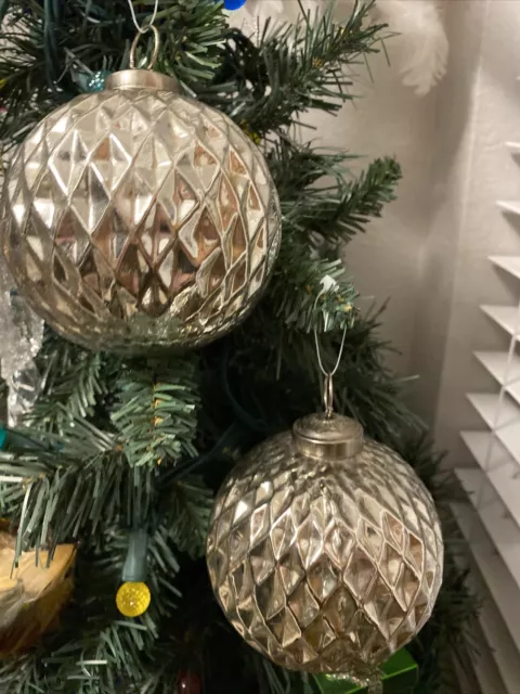 Kugel Style Mercury Glass Set of 2 Handcrafted Silver Large Globe Ball Ornaments