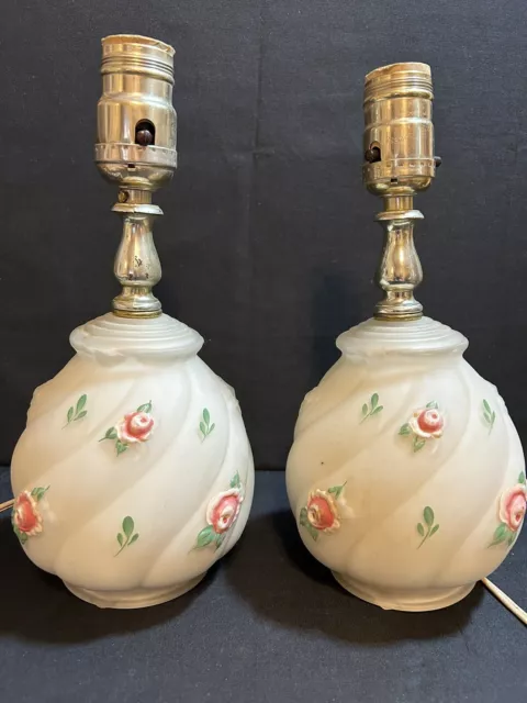 2 Vintage Reverse Hand Painted Satin Glass Vanity Boudoir Bedside Lamps 10 1/2"