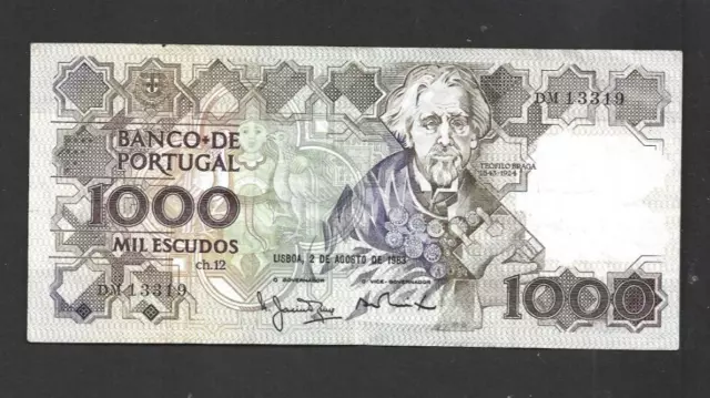 1000 Escudos Very Fine  Banknote From  Portugal 1983  Pick-181