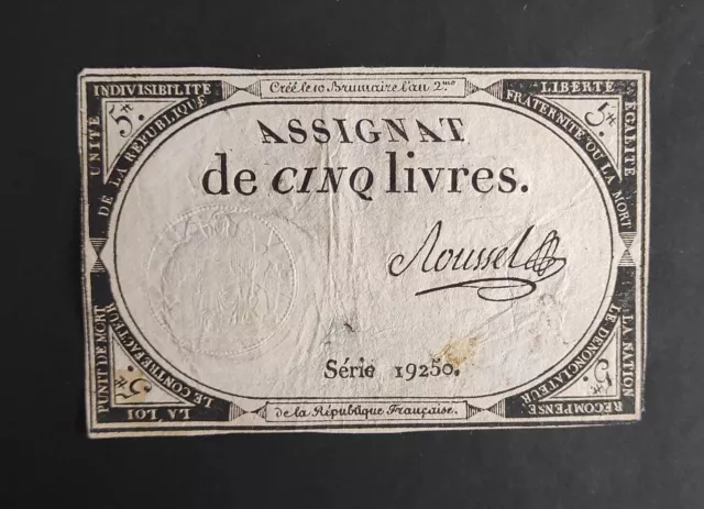 France Assignat de 5 livres - 10 brumaire l'an 2 série 19250 sign.Roussel