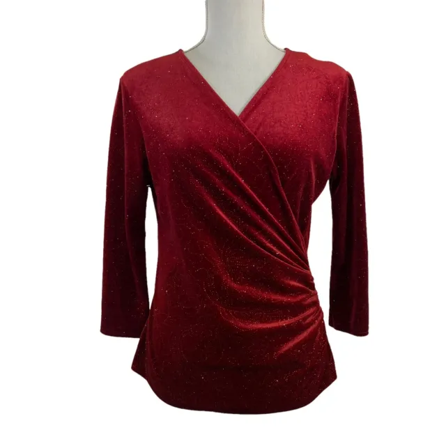 R&K Red Glitter Vintage Y2K 90s Blouse Ruched Sides Tight Stretchy 3/4 Sleeves