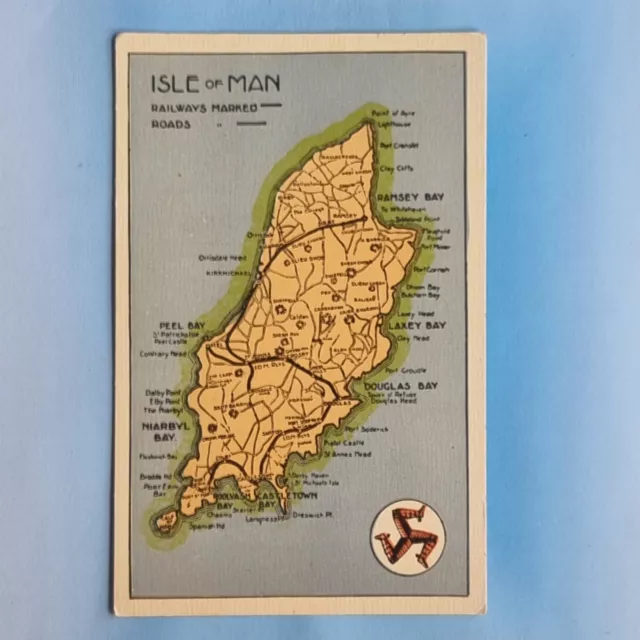 Isle Of Man Postcard C1915 Railways & Roads Textured Map Card