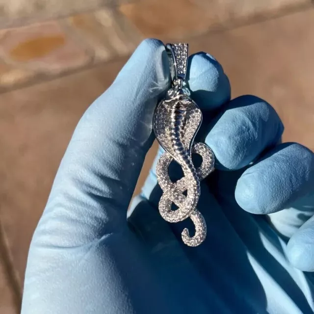 1.30Ct Genuine Real Moissanite King Cobra Snake Pendant 14K White Gold Plated