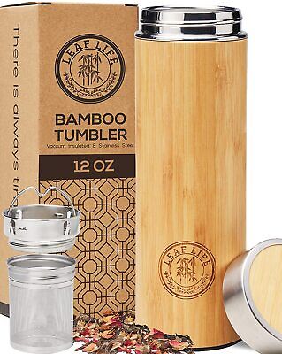 Sustainable Bamboo Tumbler w/ Tea Infuser Stainless Steel Travel Mug Thermos
