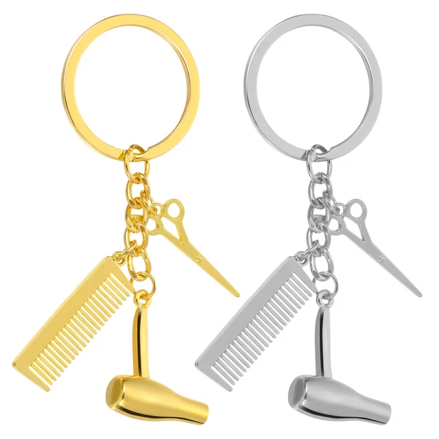 2 Pcs Hairdresser Keychains Pendant Car Key Chain Comb Hairdryer Keychain