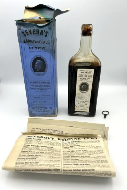 Vintage Severa’s Kidney Liver Quack Medicine Bottle Box Paperwork Corkscrew NOS