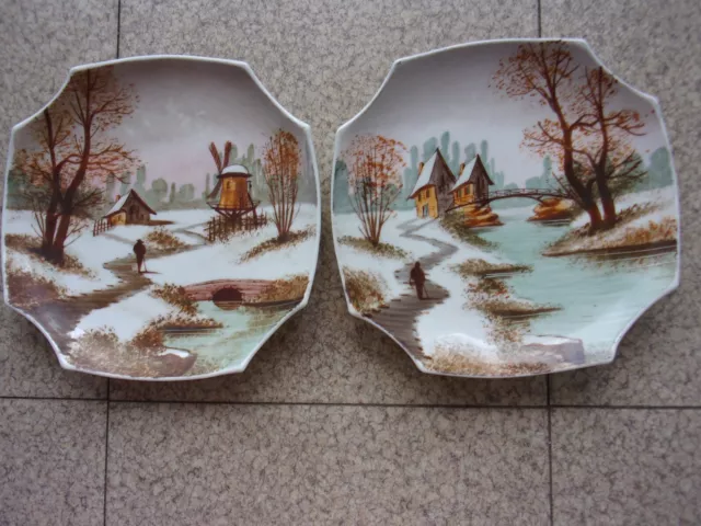 Lot 2 Assiettes Anciennes De Decoration En Ceramique Decor Scene D'hiver