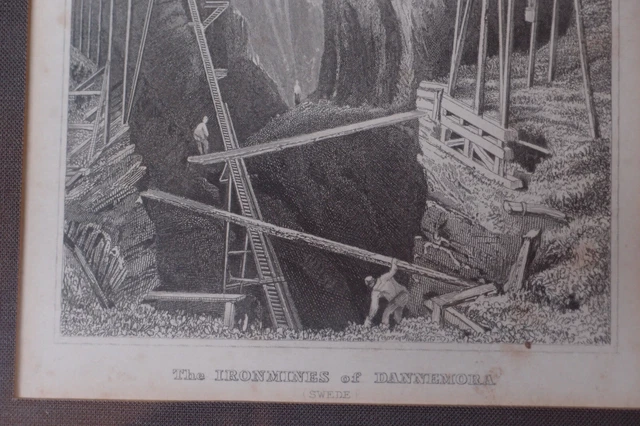 Antiker Stich Bergbau, "The Ironmines of Dannemora ( Swede)", schöne Rahmung TOP 5