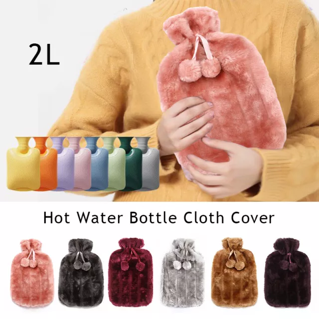 Large 2L Natural Rubber Hot Water Bottle With Warm Faux Fur Fluffy Pom Pom Cover