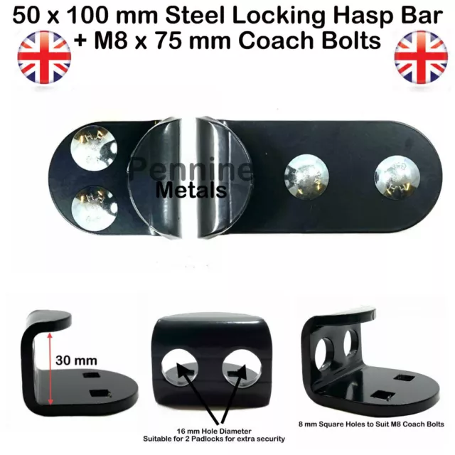 BLACK 50 x 100mm  Steel Security Locking HASP Bar Door Lock Shed Garage + BOLTS