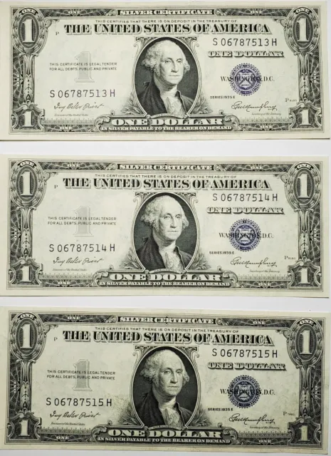 1935 E One Dollar Lot of 3 Silver Certificates S06787513H - S06787515H Blue Seal