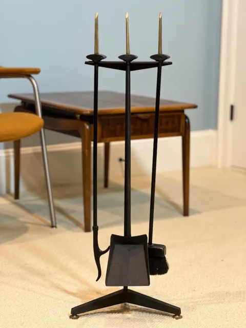 Donald Deskey for Bennett Mid Century Iron Fireplace Tool Set with Stand