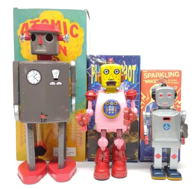 Classic Tin Robots in Box LOT OF 3 ATOMIC ROBOT MAN SPARKLING MIKE PLANET ROBOT