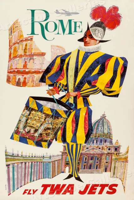 TWA Visit Rome 1960s Vintage Style Air Travel Poster - 16x24
