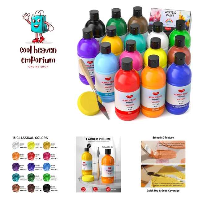 15 COLORS LARGE Acrylic Paint Set 16.9 oz,500 ml, Art Painting Bulk