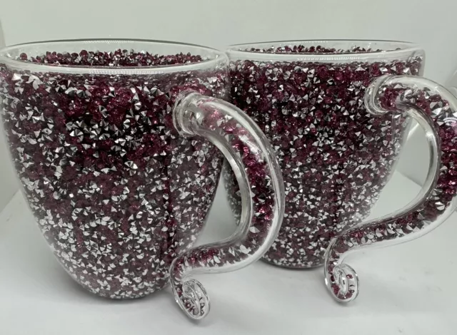 Crushed Diamond Mirrored Big Tea Coffee Mugs Pink (set Of 2)