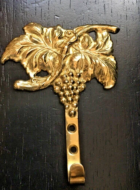 NOS Set of 6 Vintage Ornate Cast Brass Wall Hooks Grapevine Design  4"