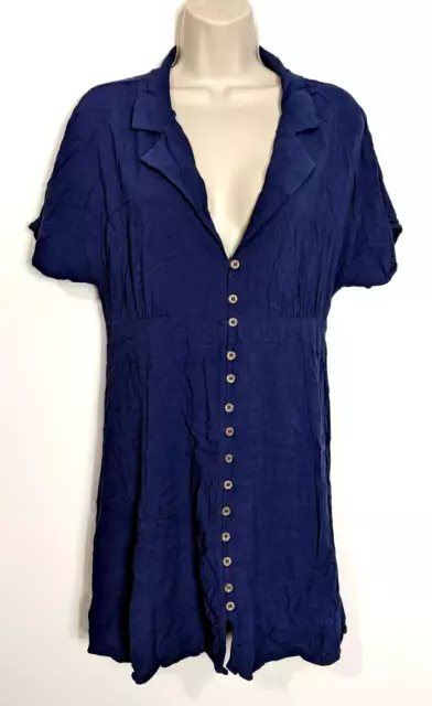 Pinch Women's Short Sleeve Button Front Dress Sz Lg Blue V-Neck Linen Blend EUC