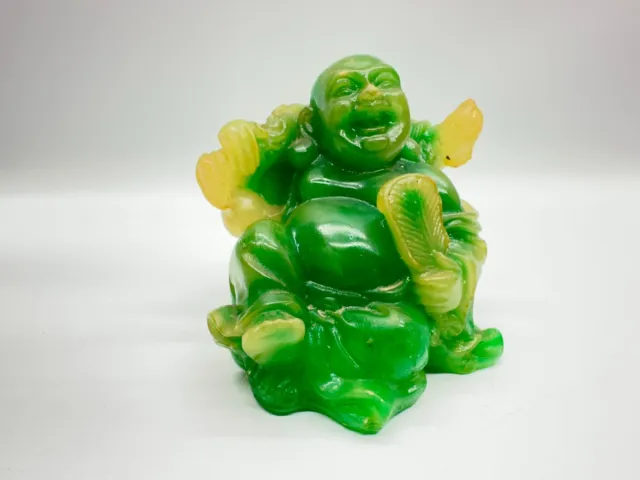 Buddha Small Faux Jade Green Resin Sitting Laughing Happy Lucky Statue