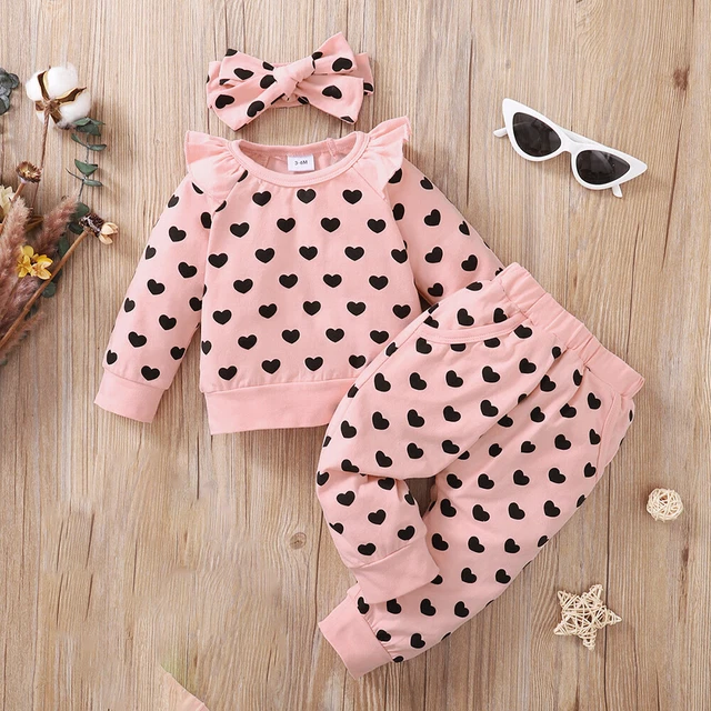 Kids Baby Girls Heart Print Ruffle Romper Tops Pants Headband Set Outfit Clothes 5