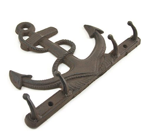 Coat Key Holder 4 Hook Rack Rustic Cast Iron Anchor Nautical Wall Decor