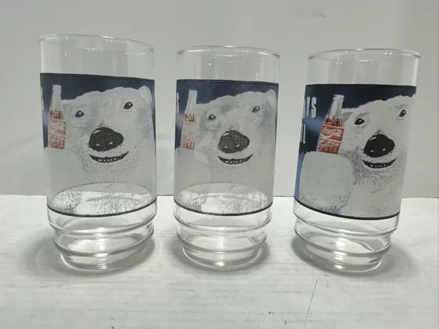 Coca-Cola Coke Always Cool Polar Bear SET OF 3 Glass Cups 16oz 1995 Vintage