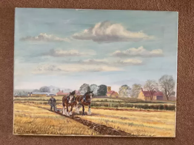 Original Tom Clark Oil Painting Farming Ploughing Scene Yorkshire Wolds Horses