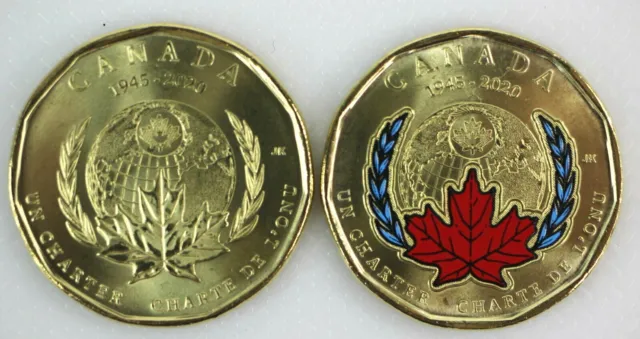 2020 Canada One Dollar 75th Anniversary of UN Charter Colored Non Colored Coins