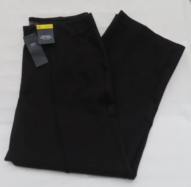 Ladies Marks And Spencer Black Pull On Straight Ankle Grazer Trousers Size 16