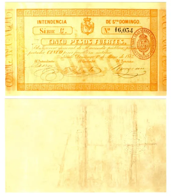 r Reproduction Peper - Dominican Republic 5 Pesos Fuertes 1862 Pick #49  1825R