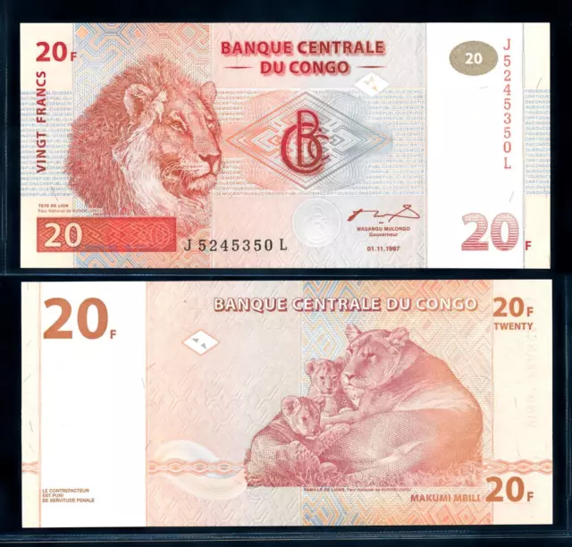 [95221] Impresora de billetes de 20 francos República Democrática del Congo 1997: HDM UNC P88A